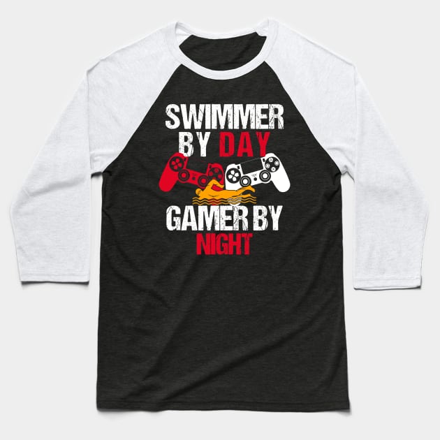 Swimmer By Day Gamer By Night Baseball T-Shirt by AngelGurro